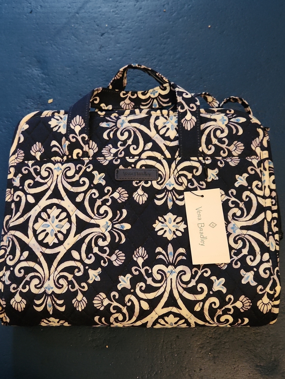 Vera Bradley Navy Floral Scroll Quilted Hanging Travel Toiletry Bag